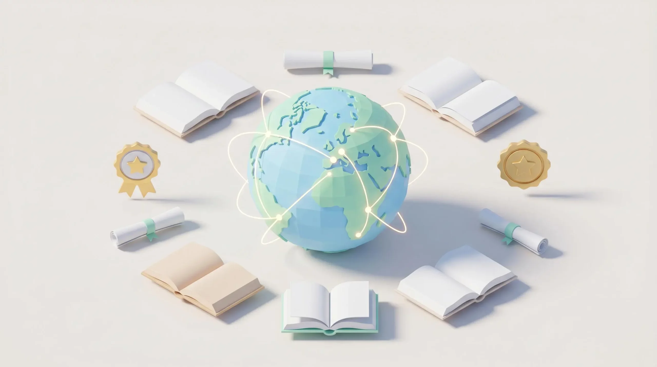 Illustration 3D d'un globe terrestre entouré de livres et d'icônes de certification, symbolisant l'accès au savoir international.