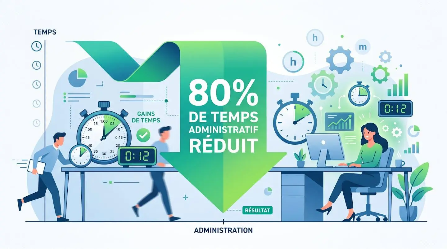 Graphique illustrant la réduction de 80% du temps administratif grâce à l'automatisation.