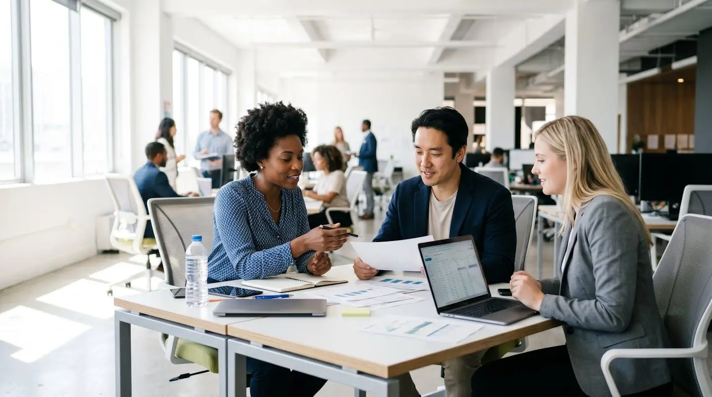 Trois professionnels de profils multiculturels en réunion autour d'une table, symbolisant le travail en environnement international.