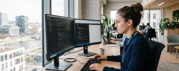 Jeune alternant concentré travaillant sur ordinateur dans un espace de travail moderne et lumineux à Lyon