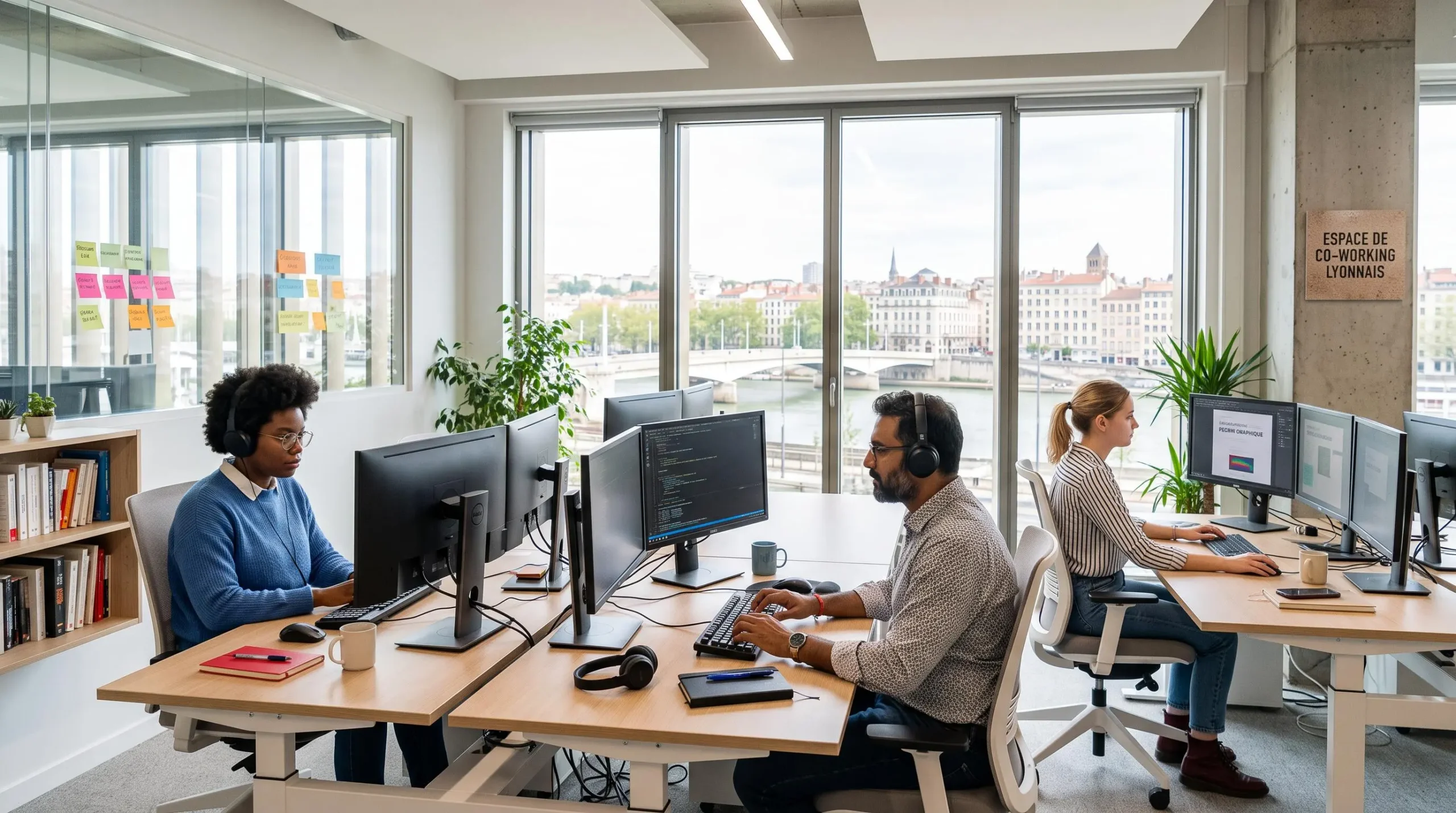 Open space tech moderne à Lyon avec professionnels du numérique travaillant sur leurs postes multi-écrans dans un environnement lumineux et collaboratif