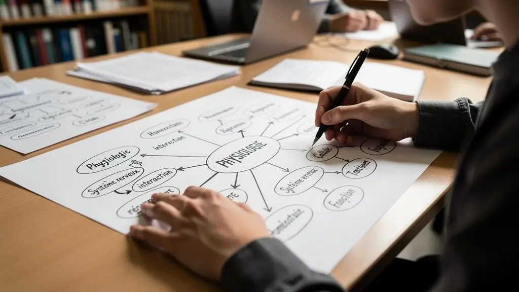 Étudiant structurant les connaissances scientifiques à l'aide de schémas et de cartes mentales.