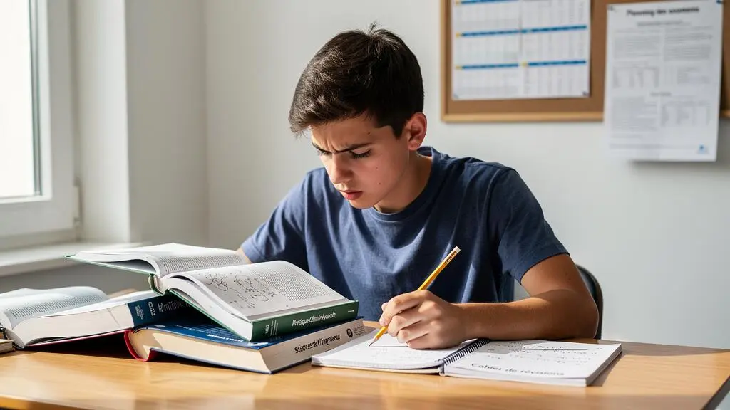 Lycéen concentré étudiant des manuels de sciences complexes dans un cadre domestique.