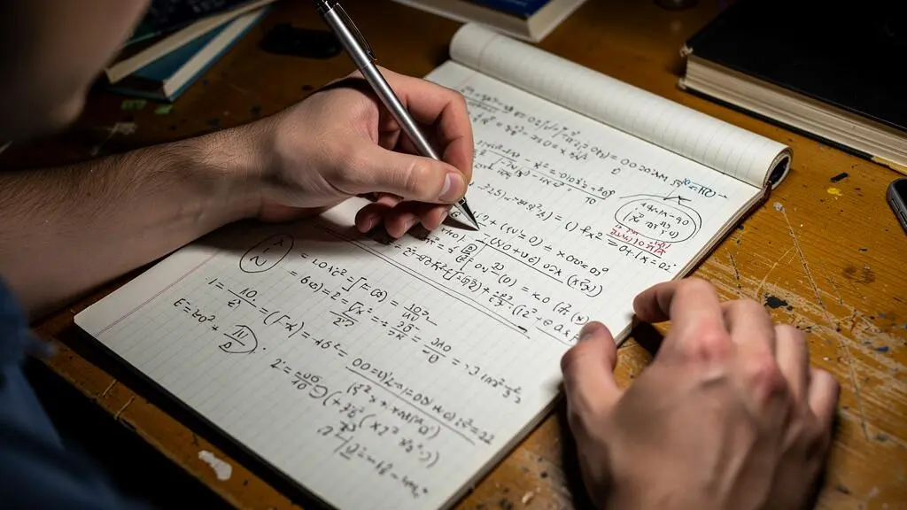 Mains résolvant un exercice scientifique complexe sur une feuille de cours.