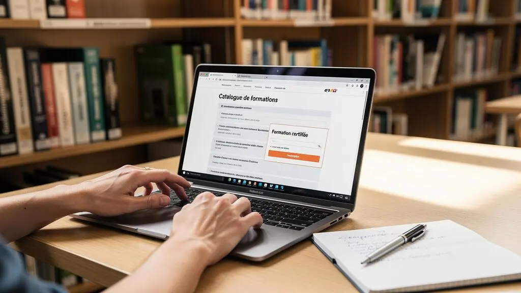 Des mains consultent un catalogue de formations sur un ordinateur portable en bibliothèque